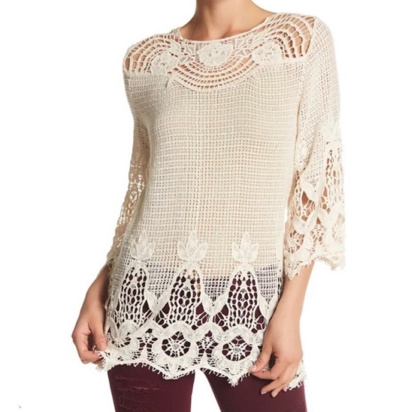 Forgotten Grace Tops - FORGOTTEN GRACE - Crochet Bell Sleeve Top- size L